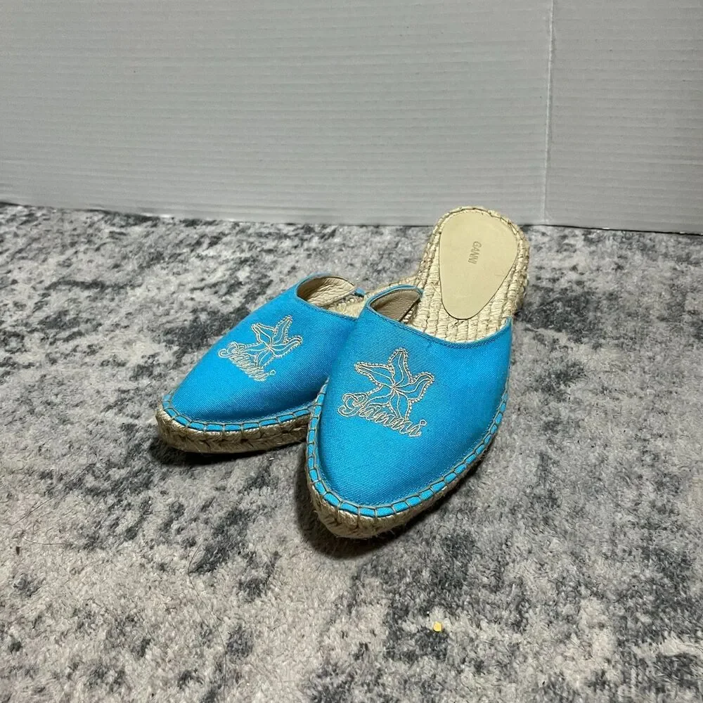 GANNI Women's Embroidered‎ Canvas Espadrille Slip On Turquoise Aqua Size 38